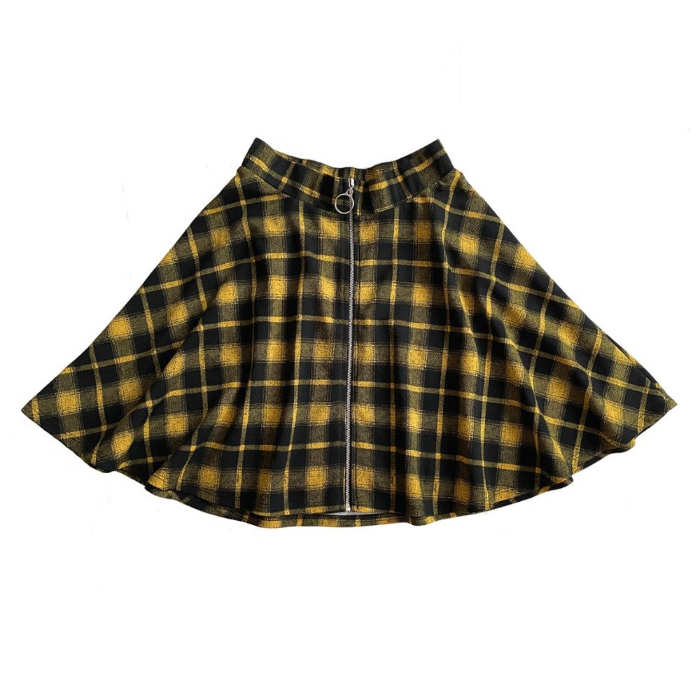 Women's mini skirt, flared, with zipper front. Size S. Black yellow